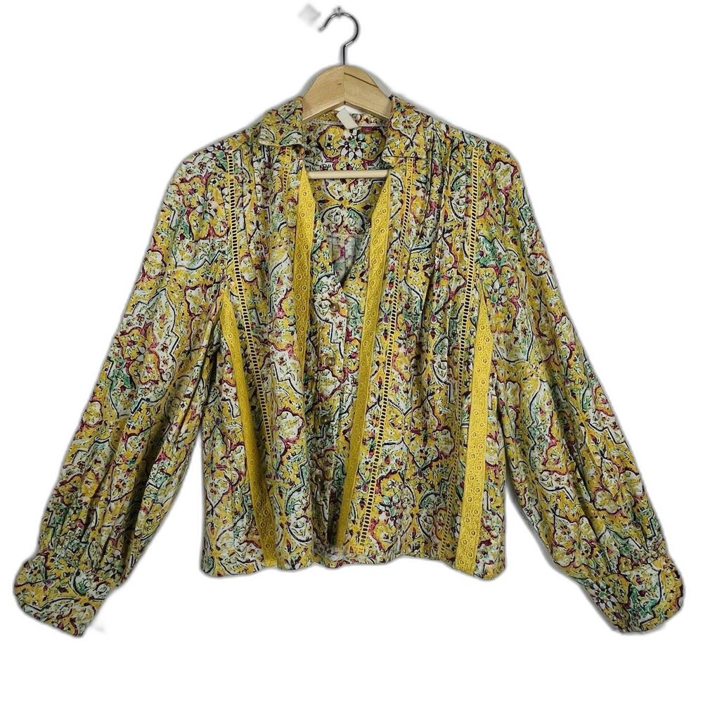 Anthropologie Pilcro Pintuck Peasant Blouse Yellow Floral Lace Trim Size S - Picture 3 of 16